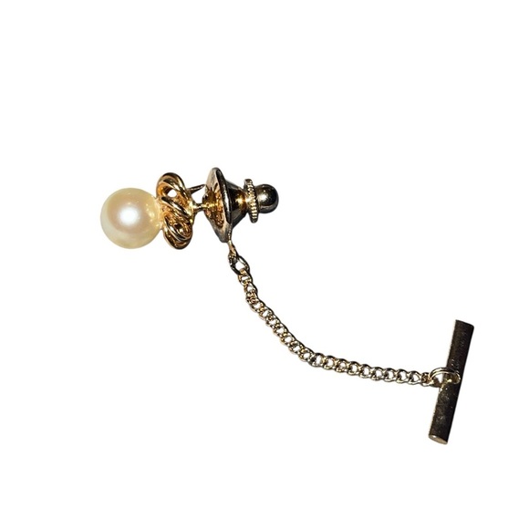 Other - Classy Gold tone & faux Pearl Tie Tack pin with chain-looks like real gold